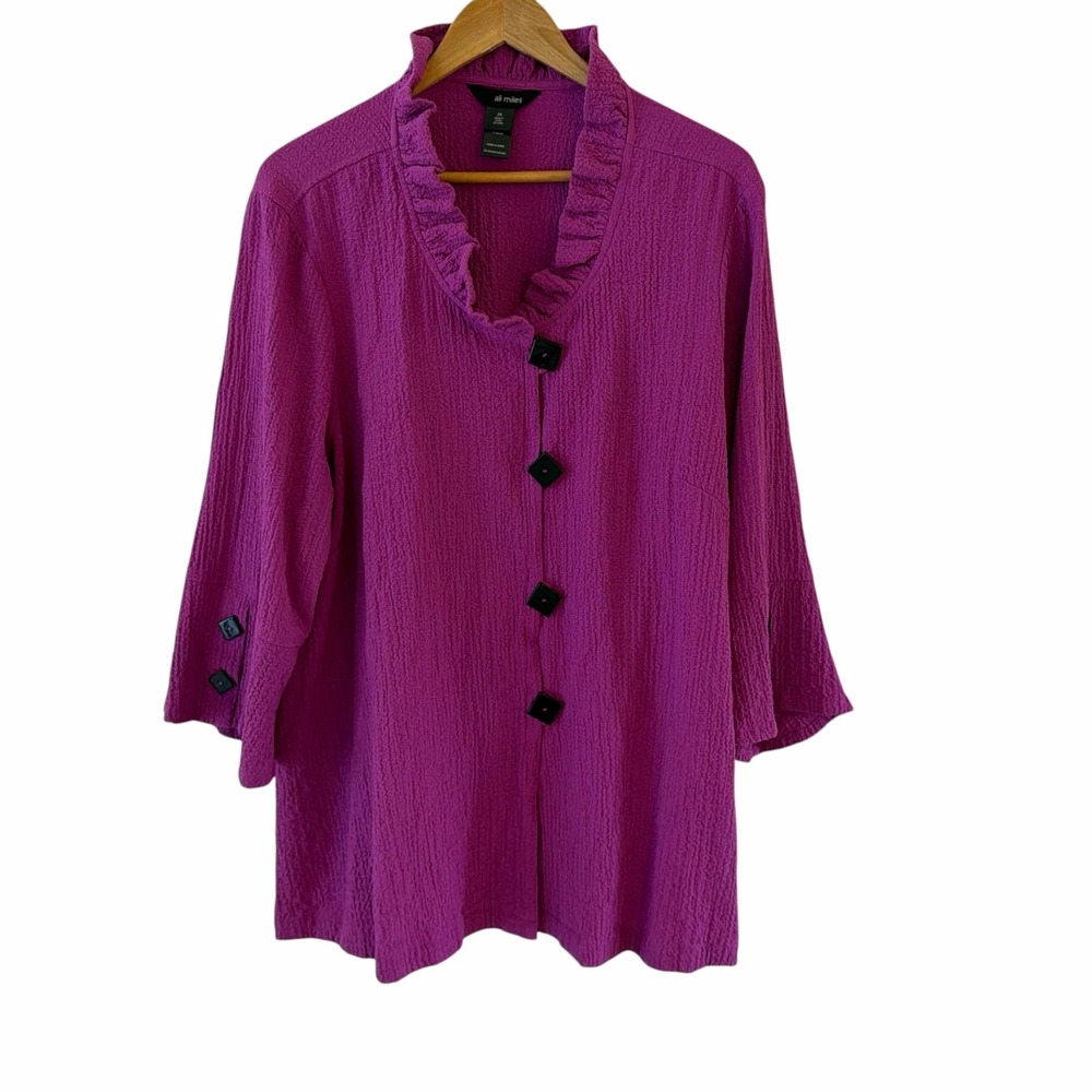 Ali Miles Textured Ruffle Button Tunic Top Womens 2X Purple Bell Sleeve Artsy